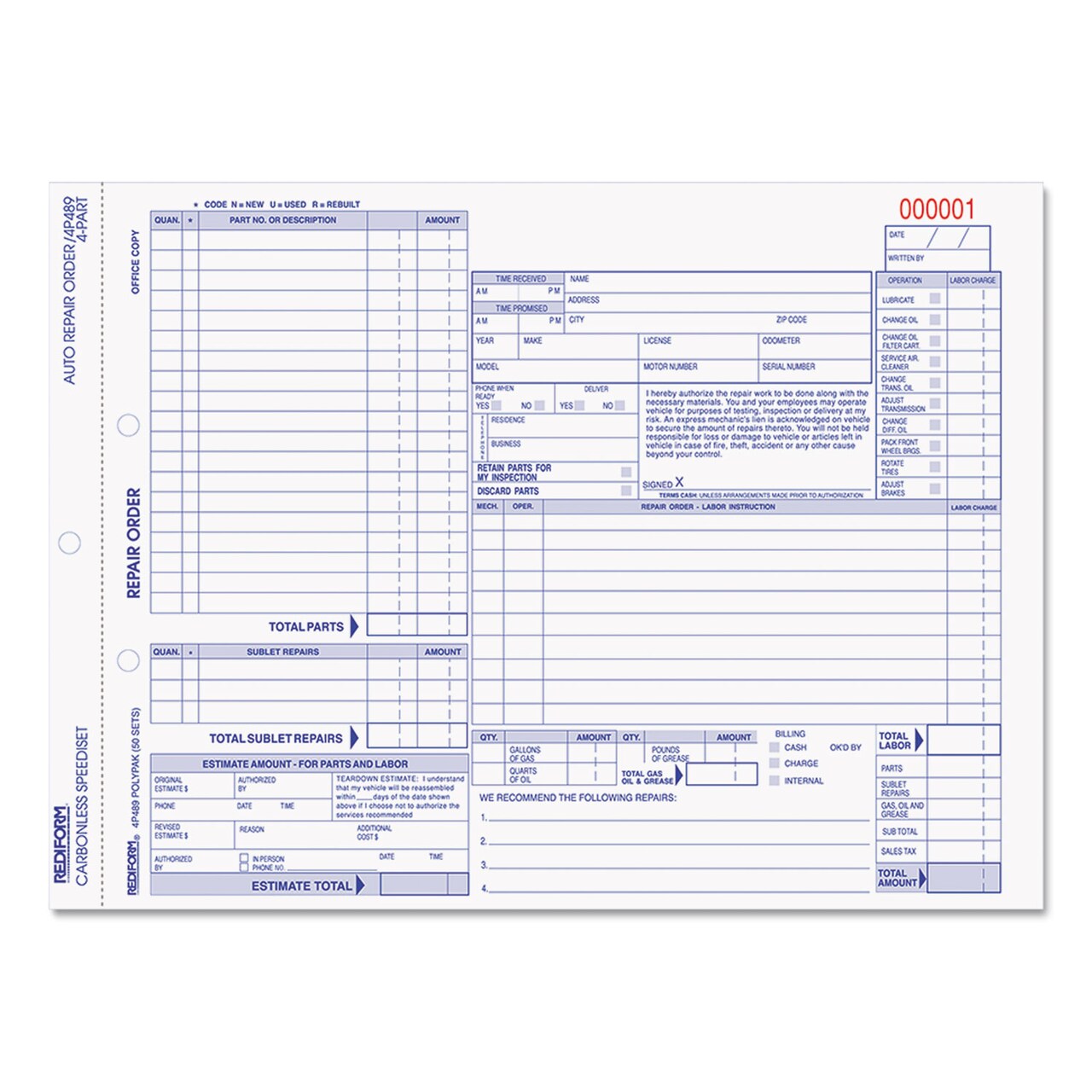 Rediform Speediset Four-Part Auto Repair Form, Four-Part Carbonless, 11 x 8.5, 50 Forms Total